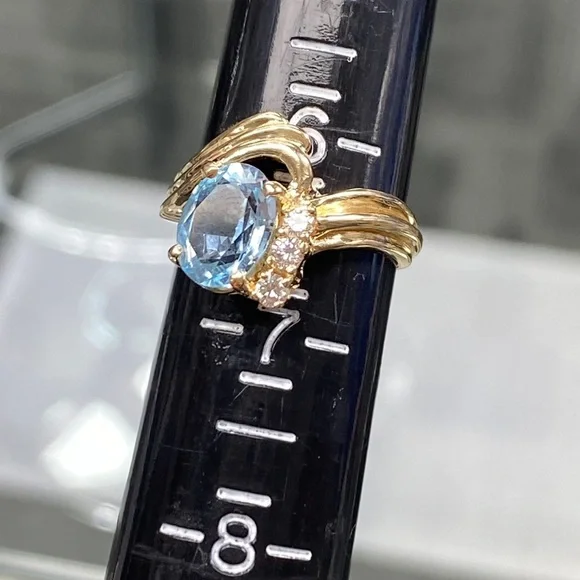 14k Yellow Gold Blue Topaz & Diamond Curved Cocktail Ring